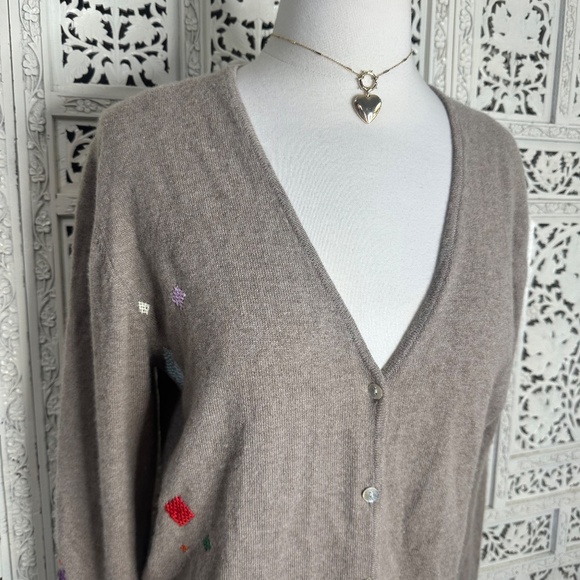 Classiques Entier Brown Tan Patchwork Soft 100% Cashmere Button Up Cardigan Sz L - Picture 2 of 8